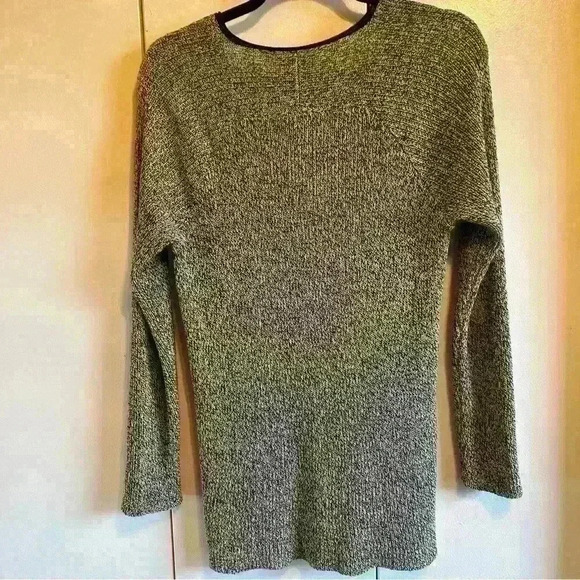 EILEEN FISHER black-beige marled V-neck‎ sweater in linen-wool blend. Long. Med - Picture 2 of 4